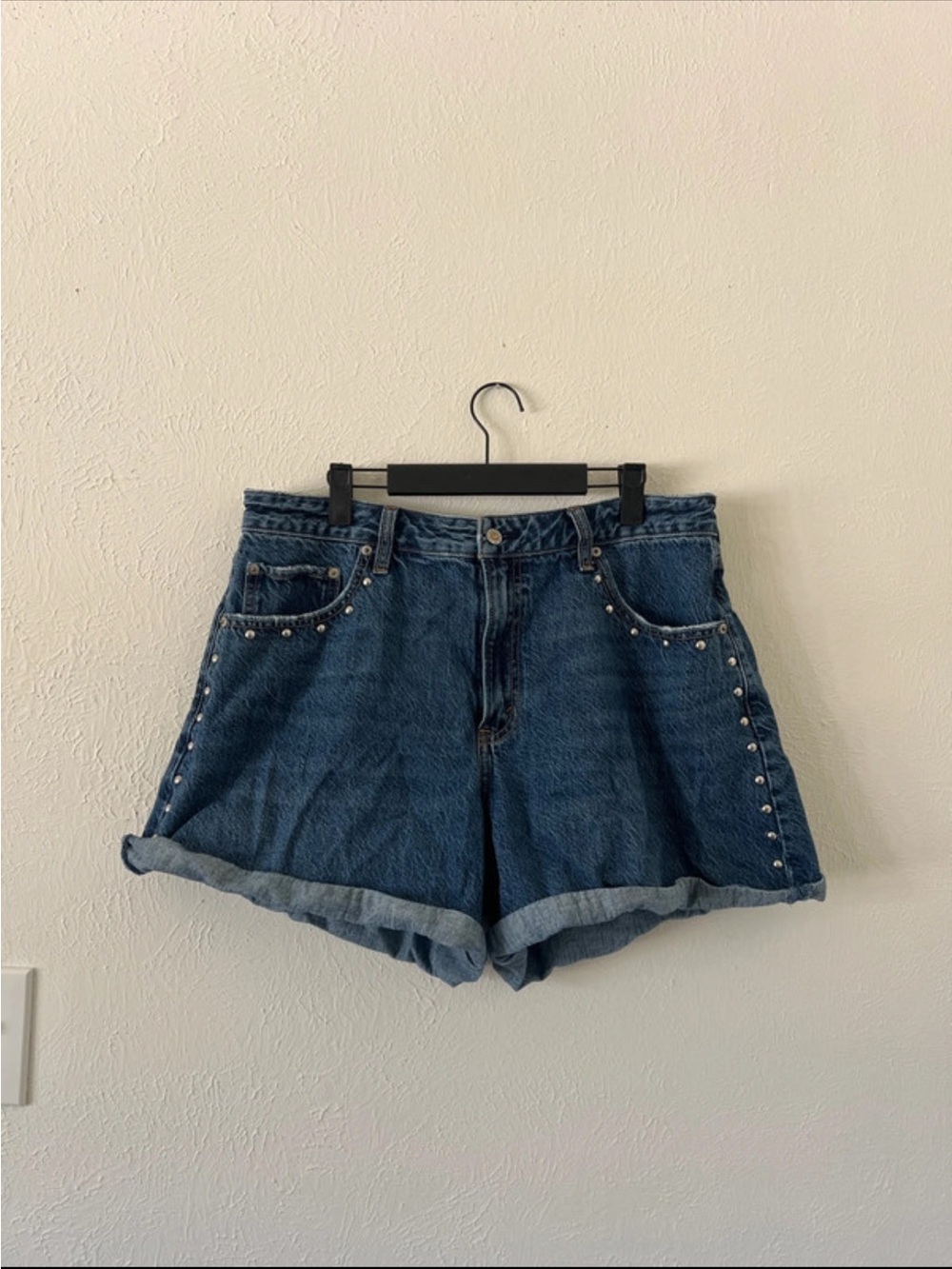 Abercrombie & Fitch Dark Blue Studded Roll-Cuff Denim Shorts
